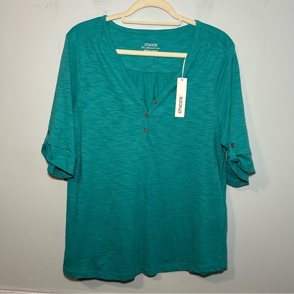 Chico's Tops - NWT Chico’s Aqua Azul Cotton Slub Henley Elbow Basic Knit Short Sleeve Top Sz L